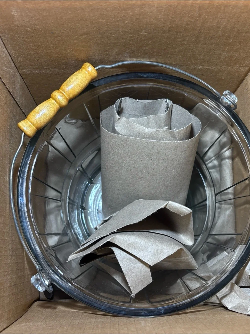Vtg Anchor Hocking Co Glass Basket Ice Bucket 3100/318 With Bale Glasses and Box
